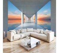 Wall Mural Wallpaper Modern Bridge Reflection Sunset Horizon 350 x 256 cm Premium Non-Woven Wall Paper Decor, Navy Blue Photo Art for Bedroom Hallway, Living Room Lounge (Not Self-Adhesive)
