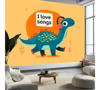Wall Mural Wallpaper Music Theme Cartoon Headphones Dinosaur Wall Decor for Living Room Bedroom, Yellow Non-Woven Mural for Children's Room Office Photo Paper Poster 400 x 280 cm