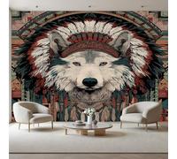 Wall Mural Wallpaper Native American War Feather Headdress Murals Contemporary Art Wallpaper for Living Room Bedroom Decor 500x317cm(W x H) Modern Vintage Wolf Animal Wall Artwork (Not Self-Adhesive)