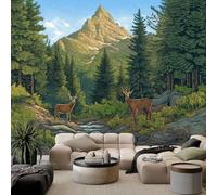 Wall Mural Wallpaper Natural Landscape Mountains Streams Forest Wall Decor for Living Room Bedroom, Dark Green Non-Woven Mural for Children's Room Office Photo Paper Poster 400 x 280 cm