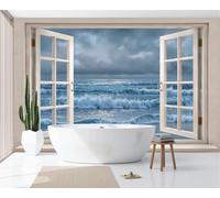 Wall Mural Wallpaper Natural Sea View Window Overcast Sky Ocean Waves Beach, 3D Premium Non-Woven Blue-Gray Art Photo Wallpaper For Living Room Bedroom Children'S Room Wall Decor 300X210Cm (W X H)
