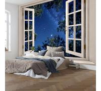 Wall Mural Wallpaper Natural Starry Sky Window View Realistic Forest Plants, 3D Premium Non-Woven Blue Art Photo Wallpaper For Living Room Bedroom Children'S Room Wall Decor 450X315Cm (W X H)