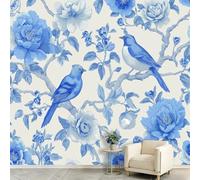 Wall Mural Wallpaper Oriental Chinese Blue And White Porcelain 350 x 256 cm Non-Woven Panoramic Custom Photo Wallpaper Poster for Living Room & Corridor Bedroom - Animal Magpie Flowers Branches Leaves