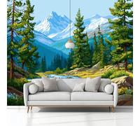 Wall Mural Wallpaper Realistic Nature Snow Mountain Forest Reindeer 400 x 280 cm Large Blue Wallcovering for Living Room & Bedroom, Non-Self-Adhesive Home Decor