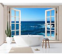 Wall Mural Wallpaper Realistic Sea Wave Window View Natural Rocky Coast, 3D Premium Non-Woven Royal Blue Art Photo Wallpaper For Living Room Bedroom Children'S Room Wall Decor 200X140Cm (W X H)