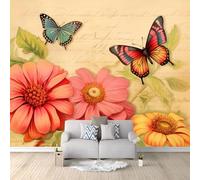Wall Mural Wallpaper, Retro Flower Butterfly Theme Non-Woven Wallpaper, Light Brown 3D Effect Art Wall Murals for Bedroom Living Room Office Decor, 98.4" x 68.8" Photo Mural