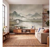 Wall Mural Wallpaper Retro Ink Painting Style Arched Bridge, Distant Mountains And Lakes | Premium silk Beige Art Photo Wallpaper for Living Room Bedroom Children's Room Home Wall Decor 200x140cm