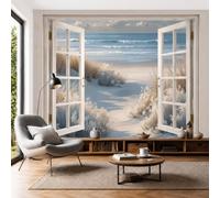 Wall Mural Wallpaper Retro Sand Dune Seascape Natural Flowers Seaside, 3D Premium Non-Woven Beige Blue Art Photo Wallpaper For Living Room Bedroom Children'S Room Wall Decor 300X210Cm (W X H)