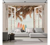 Wall Mural Wallpaper Retro Vacation Photography Trees Surfboards Beach, 3D Premium Non-Woven Mint Green Art Photo Wallpaper For Living Room Bedroom Children'S Room Wall Decor 200X140Cm (W X H)