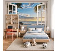 Wall Mural Wallpaper Sunset Beach View From The Window Tropical Islands, 3D Premium Non-Woven Light Blue Art Photo Wallpaper For Living Room Bedroom Children'S Room Wall Decor 250X175Cm (W X H)