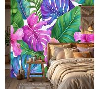 Wall Mural Wallpaper Tropical Illustrations Monstera Deliciosa Leaves And Hibiscus Wall Decor for Living Room Bedroom Light Pinkish-Purple Background Print Wallpapers Mural Silk Wallpaper 250x175cm