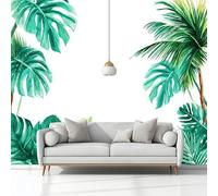 Wall Mural Wallpaper Tropical Jungle Plants Leaves Watercolor 400 x 280 cm Large White Wallcovering for Living Room & Bedroom, Non-Self-Adhesive Home Decor