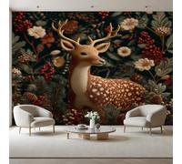 Wall Mural Wallpaper Vintage Jungle Animal Deer Murals Contemporary Art Wallpaper for Living Room Bedroom Decor 390x260cm(W x H) Modern Plants, Berries, Pine Cones Wall Artwork (Not Self-Adhesive)