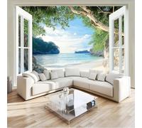 Wall Mural Wallpaper Window View Tropical Beach Premium Non-Woven Green Art Photo Decals, for Home Interiors Kids Bedroom Décor W300 X H210 Cm