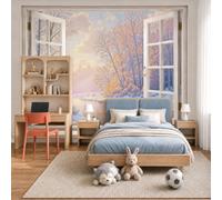 Wall Mural Wallpaper Winter Window View Sunset Over The River Cedar Forest, 3D Premium Non-Woven Beige Art Photo Wallpaper For Living Room Bedroom Children'S Room Wall Decor 300X210Cm (W X H)