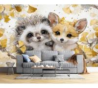 Wall Mural Watercolor Autumn Animals Silk Art Print Photo Wallpaper Decor, Living Room Kitchen Dining Room Bedroom, Wallpaper 200x140cm, Hedgehog Fox Ginkgo Leaf 3D Panoramic Mural, Bright Yellow