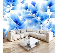 Wall Mural Watercolor Plant Branches Leaves, Large Panoramic Non-Woven Wallpaper, Blue Photo Mural for Living Room & Bedroom 400 x 280 cm