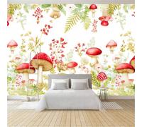 Wall Mural Watercolor Plant Fern Leaf Mushroom, Large Panoramic Non-Woven Wallpaper, Light Green Photo Mural for Living Room & Bedroom 200 x 140 cm