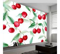 Wall Mural Watercolor Style Photo Wallpaper 400W x 280H cm, Cartoon Fruit Cherry Leaf Non-Woven Mural Decoration Poster Picture Modern Design - Wall Art for Living Room Kids Bedroom