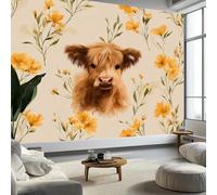 Wall Mural Watercolour Animal Highland Cow Wildflowers 300 x 210 cm Photo Wallpaper, Non-Woven Mural Wallpaper for Living Room Bedroom Kids Room TV Sofa Background Family Wall Decor