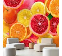 Wall Mural Watercolour Minimalist Fruit, Large Panoramic Non-Woven Wallpaper, Lemon Grapefruit Orange Citrus Photo Mural for Living Room & Bedroom 300 x 210 cm