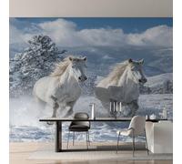 Wall Mural White Horse Wallpaper - Snowy Farm Animal Photo Wallpaper for Living Room Bedroom, Non-Woven Blue White Wall Paper Home Decor Art 366x254 cm w6g4