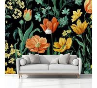 Wall Mural William Morris Wildflowers Tulips 300 x 210 cm Photo Wallpaper, Non-Woven Mural Wallpaper, for Living Room Bedroom Kids Room TV Sofa Background Family Wall Decor
