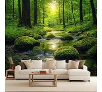 Wall Mural Woods Non-Woven 200x140cm Photo Wallpaper 3D Effect Sunny Forest Stream Wallpaper Mural Natural Scenery Artwork Background Wall Stickers for Living Room Kids Bedroom