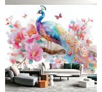 Wall Murals 250 x 175 cm, Watercolor Floral Wallpaper Mural, Non-Woven Animal Peacock Bird Wall Covering - Large Photo Wallpaper for Kids Boys Girls Room Bedroom Living Room Playroom Home Decor