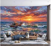 Wall Murals 250X170Cm, Sunset Fishing Boat Pattern Wall Fabric, Impressionist Oil Painting Style Large Photo Wallpaper For Living Room Bedroom Bathroom Office Dining Room Kid'S Room Home Decor