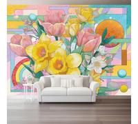 Wall Murals 300 x 210 cm, Tulips Wall Fabric Removable, Abstract Geometric Style Large Photo Wallpaper for Living Room Bedroom Bathroom Office Dining Room Kid's Room Home Decor