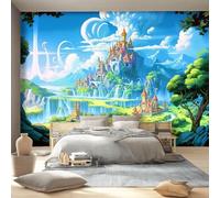 Wall Murals 350 x 256 cm, Castle Island Pattern Wall Fabric Removable, Cartoon Fantasy Style Large Photo Wallpaper for Living Room Bedroom Bathroom Office Dining Room Kid's Room Home Decor