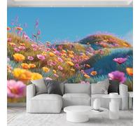 Wall Murals 400 x 280 cm, Non-Woven Photo Wallpaper - Cartoon WildFlorals Meadow Mountains Mural Wallpaper for Living Room Bedroom Hallway Sofa Backdrop Wall Decor Wallcovering, Blue