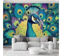 Wall Murals 400 x 280 cm, Non-Woven Photo Wallpaper - Cute Dreamy Animal Peacock Mural Wallpaper for Living Room Bedroom Hallway Sofa Backdrop Wall Decor Wallcovering, Turquoise