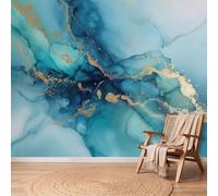Wall Murals Abstract Marble Effect Mural Removable Wall Covering, Blue Fluid Paint Colour Blocks Large Photo Wallpaper for Living Room Bedroom Office Kids Dorm Decor, 350 x 256 cm