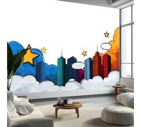 Wall Murals Cartoon Comic Style City Non-Woven Photo Wallpaper, White Wall Mural Decorative for Living Room Bedroom Bathroom Photo Wallpaper 350 x 256 cm (W x H)