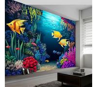 Wall Murals Cartoon Coral Seaweed Fish Wallpaper Custom Size 350W x 256H cm, Blue Removable Photo Wallpaper Murals - Home Decoration Wall Art Covering for Living Room Bedroom Children's Room