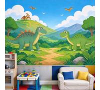 Wall Murals Cartoon Green Dinosaurs and Flying Pterodactyls on Green Hills | Custom Size Self-Adhesive Wall Fabric Removable Large Wallpaper Wall Decor for Living Room Bedroom Office
