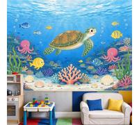 Wall Murals Cartoon Sea Turtle with Pink Octopuses on Coral Reef | Custom Size Self-Adhesive Wall Fabric Removable Large Wallpaper Wall Decor for Living Room Bedroom Office