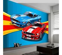 Wall Murals Cartoon Supercar Non-Woven Photo Wallpaper, Red Blue Wall Mural Decorative for Living Room Bedroom Bathroom Photo Wallpaper, 350 x 256 cm (W x H)