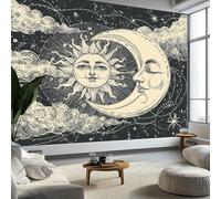 Wall Murals Celestial Elements Moon Sun Stars Non-Woven Photo Wallpaper, Dark Gray Wall Mural Decorative for Living Room Bedroom Bathroom Photo Wallpaper 300 x 210 cm (W x H)