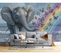 Wall Murals Dreamy Fairy Tale Style, Large Photo Silk Wallpaper Elephant Rainbow Butterfly, Wall Stickers XXL Poster Picture Home Decoration for Living Room, Bedroom, Office, 200x140cm, Purple Yellow