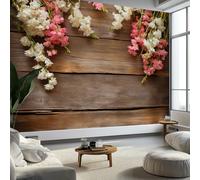 Wall Murals Elegant Wooden Romantic Flowers Non-Woven Photo Wallpaper, Brown Wall Mural Decorative for Living Room Bedroom Bathroom Photo Wallpaper 350 x 256 cm (W x H)