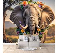 Wall Murals Elephant Photo Wallpaper Mural 3D, Non-Woven Wallpaper, Modern Decoration Poster Picture African Elephant Floral Pattern Wall Mural for Living Room Bedroom 500 × 280 cm (W x H)