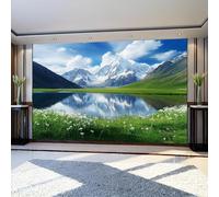 Wall Murals Lakes Snow-Capped Mountains Green Grass Wall Covering Fabric 350 x 256 cm Blue Large Photo Wallpaper for Living Room Bedroom Kitchen Office Kids Room