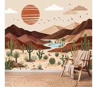Wall Murals Minimalist Boho Mural Removable Wall Covering, Brown Sun Mountain Ranges Birds Photo Wallpaper for Living Room Bedroom Office Kids Dorm Decor, 200 x 140 cm