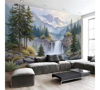 Wall Murals, Mountains Pine Trees Watercolor Forest Waterfall Photo Wallpaper, 400x280cm (WxH) Large Photo Wallpaper Green Poster for Living Room Bedroom Restaurant Office Background Decorative
