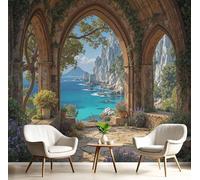 Wall Murals Ocean And Mountain Landscape Wallpaper, Rural Architecture Wall Mural Decorative Wallpapers For Living Room Bedroom Brown Photo Wallpaper, 350X256Cm (Wxh) Art Wallpapers 3D Effect