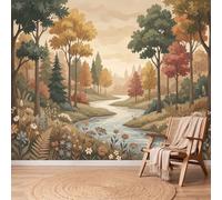 Wall Murals Pastoral Cottage Mural Removable Wall Covering, River Trees Floral Ferns Large Photo Wallpaper for Living Room Bedroom Office Kids Dorm Decor, 300 x 210 cm
