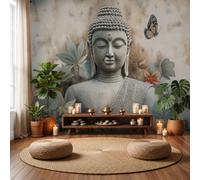 Wall Murals Plants Butterflies Buddha Statues Art Large Photo Wallpaper | Buddha Head Leaf Butterfly Art Wall Stickers XXL Poster Picture Home Decoration for Living Room, Bedroom, Meditation Areas
